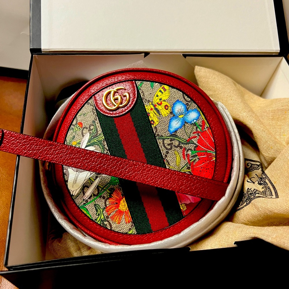 BNIB Gucci Flora Round Backpack with red leather and GMH.